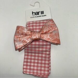Bar III pink floral bow tie and checkered pocket square set NWT